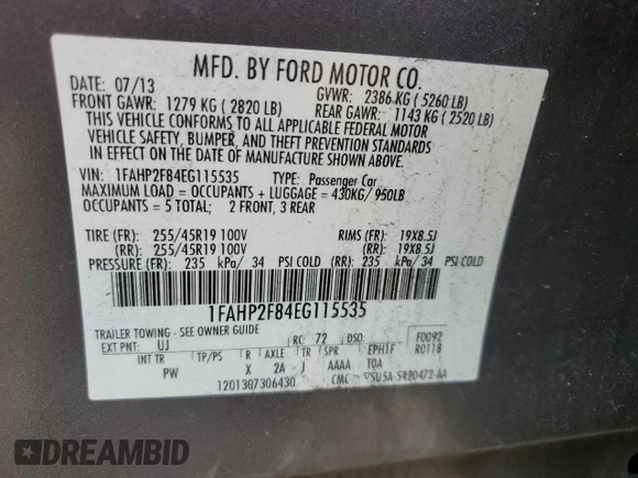 2014 Ford Taurus Limited with VIN 1FAHP2F84EG115535, listed as a Copart auction lot 51953305 with 126,632 mi miles and Salvage Title. Bid and sale history available at DreamBid. Image 13.