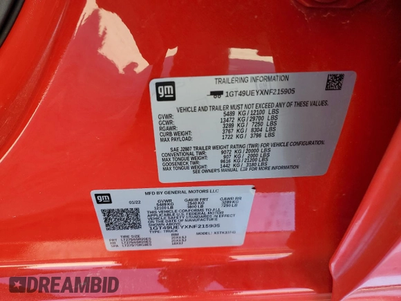 2022 GMC Sierra 3500HD SLT z VIN 1GT49UEYXNF215905, wystawiony jako Copart lot #52373835 z przebiegiem 36 787 mil mil oraz Szkody całkowita. Historia ofert i sprzedaży dostępna na DreamBid. Obrazek 14.