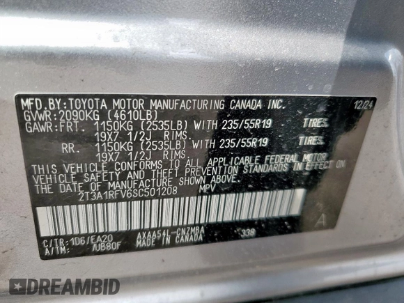 2025 Toyota RAV4 XLE Premium with VIN 2T3A1RFV6SC501208, listed as a Copart auction lot 58130915 with 5,196 mi miles and Salvage title. Bid and sale history available at DreamBid. Image 13.