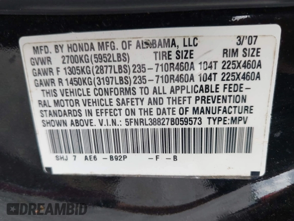 2007 Honda Odyssey Touring z VIN 5FNRL38827B059573, wystawiony jako IAAI lot #42261125 z przebiegiem 214 954 mil mil oraz . Historia ofert i sprzedaży dostępna na DreamBid. Obrazek 9.