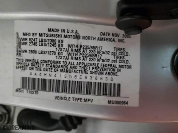 2006 Mitsubishi Endeavor Limited with VIN 4A4MN41S56E038838, listed as a Copart auction lot 42045565 with 173,205 mi miles and Salvage Title. Bid and sale history available at carsss.com. Image 14.