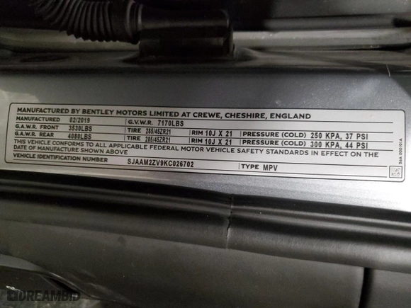 2019 Bentley Bentayga V8 with VIN SJAAM2ZV9KC026702, listed as a Copart auction lot 47513515 with 44779 miles and Salvage Title. Bid and sale history available at carsss.com. Image 14.