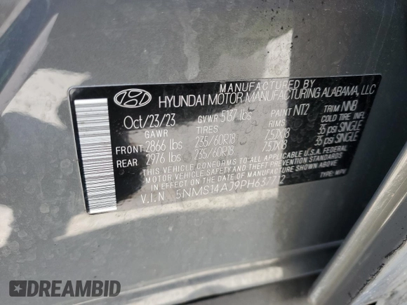 2023 Hyundai Santa Fe SE with VIN 5NMS14AJ9PH637712, listed as a Copart auction lot 52337745 with 31,072 mi miles and Salvage title. Bid and sale history available at DreamBid. Image 15.