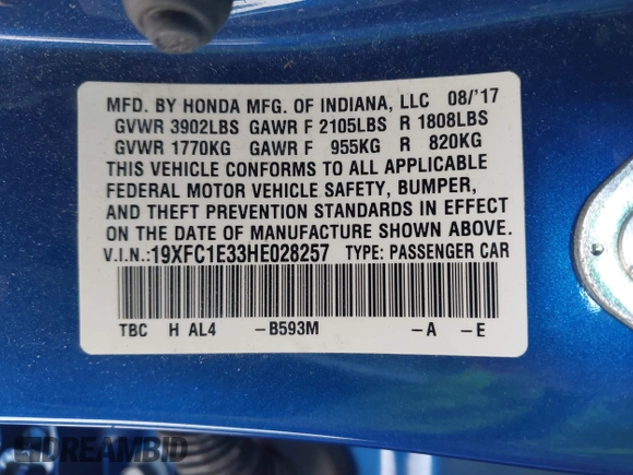 2017 Honda Civic EX-T with VIN 19XFC1E33HE028257, listed as a IAAI auction lot 41395356 with 51,154 mi miles and . Bid and sale history available at DreamBid. Image 9.