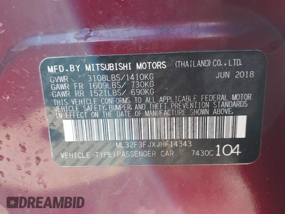 2018 Mitsubishi Mirage G4 ES with VIN ML32F3FJXJHF14343, listed as a IAAI auction lot 41847739 with 95,302 mi miles. Bid and sale history available at carsss.com. Image 9.