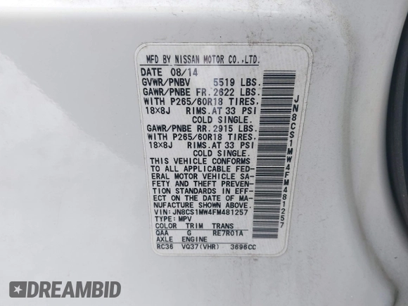 2015 Infiniti QX70 with VIN JN8CS1MW4FM481257, listed as a IAAI auction lot 41390187 with 127,892 mi miles and . Bid and sale history available at DreamBid. Image 9.