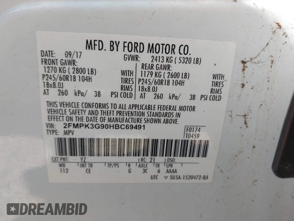 2017 Ford Edge SE with VIN 2FMPK3G90HBC69491, listed as a IAAI auction lot 42821814 with 206,792 mi miles and . Bid and sale history available at DreamBid. Image 9.