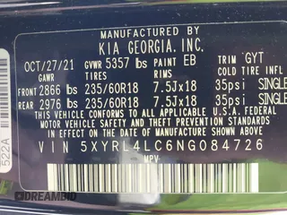 2022 Kia Sorento S with VIN 5XYRL4LC6NG084726, listed as a IAAI auction lot 41798740 with 47,626 mi miles. Bid and sale history available at carsss.com. Image 9.