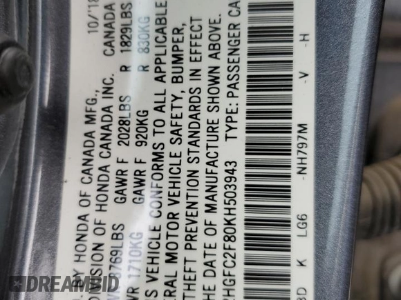 2019 Honda Civic Sport with VIN 2HGFC2F80KH503943, listed as a Copart auction lot 48527165 with 38,348 mi miles and Salvage Title. Bid and sale history available at DreamBid. Image 12.