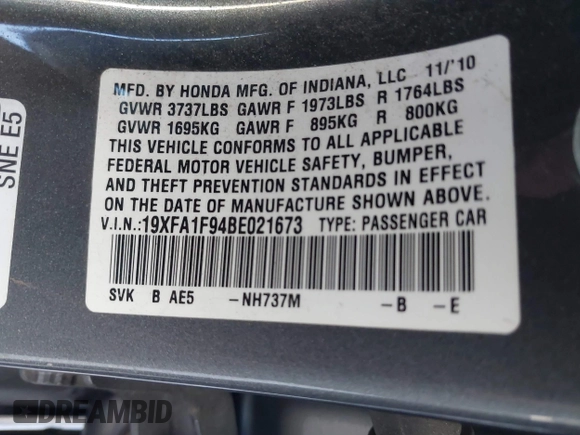 2011 Honda Civic EX-L with VIN 19XFA1F94BE021673, listed as a IAAI auction lot 41384333 with 244,189 mi miles and . Bid and sale history available at DreamBid. Image 9.