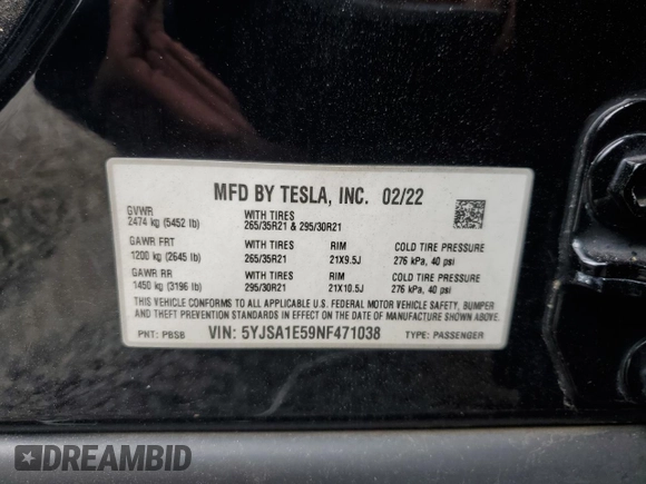 2022 Tesla Model S с VIN 5YJSA1E59NF471038, выставлен на аукционе Copart как лот 62594275 с пробегом 65 170 миль миль и Чистый • Clean title. История ставок и продаж доступна на DreamBid. Изображение 12.