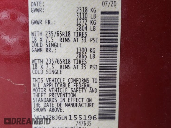2020 Nissan Murano SV z VIN 5N1AZ2BJ6LN155196, wystawiony jako Copart lot #56223445 z przebiegiem 51 683 mil mil oraz Szkoda całkowita • Salvage title. Historia ofert i sprzedaży dostępna na DreamBid. Obrazek 13.