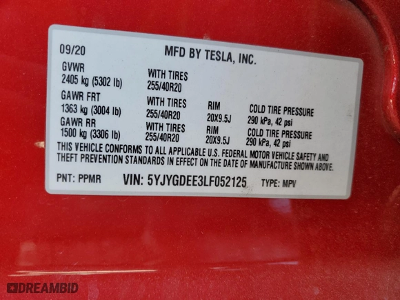 2020 Tesla Model Y Long Range with VIN 5YJYGDEE3LF052125, listed as a Copart auction lot 46881475 with NaN miles and Salvage Title. Bid and sale history available at carsss.com. Image 15.