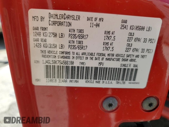 2005 Jeep Liberty Limited z VIN 1J4GL58K75W566180, wystawiony jako Copart lot #68525814 z przebiegiem Nie podano mil oraz Nie do naprawy • Non repairable. Historia ofert i sprzedaży dostępna na DreamBid. Obrazek 13.