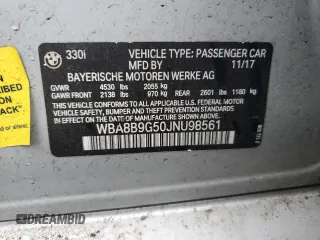 2018 BMW 3 Series 330i with VIN WBA8B9G50JNU98561, listed as a Copart auction lot 61293325 with 106,656 mi miles and Clean title. Bid and sale history available at DreamBid. Image 12.