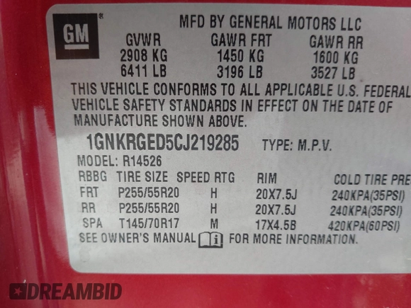 2012 Chevrolet Traverse 1LT with VIN 1GNKRGED5CJ219285, listed as a IAAI auction lot 42053843 with 184,507 mi miles and . Bid and sale history available at DreamBid. Image 9.