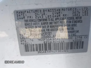 2018 Nissan Sentra S with VIN 3N1AB7AP4JY301321, listed as a IAAI auction lot 41583987 with Not Provided miles and . Bid and sale history available at DreamBid. Image 9.