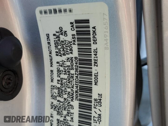 2010 Toyota Corolla with VIN 1NXBU4EE0AZ362408, listed as a Copart auction lot 63455295 with 213,096 mi miles and Salvage title. Bid and sale history available at DreamBid. Image 12.