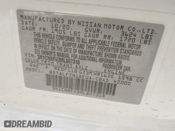 2021 Nissan Versa SV with VIN 3N1CN8EV3ML807318, listed as a IAAI auction lot 42596293 with 90,581 mi miles and . Bid and sale history available at DreamBid. Image 9.