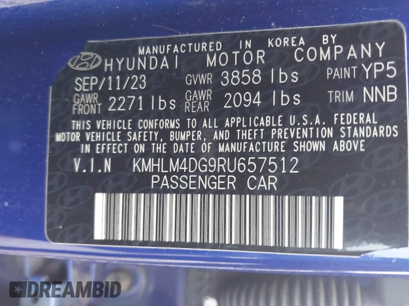 2024 Hyundai Elantra SEL with VIN KMHLM4DG9RU657512, listed as a IAAI auction lot 42041490 with 38,578 mi miles and . Bid and sale history available at DreamBid. Image 9.