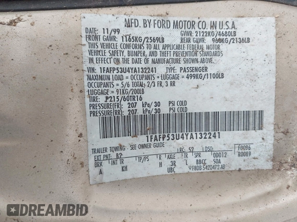 2000 Ford Taurus SE with VIN 1FAFP53U4YA132241, listed as a IAAI auction lot 41902670 with 67,994 mi miles and . Bid and sale history available at DreamBid. Image 9.