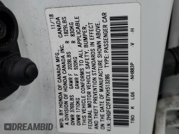2019 Honda Civic Sport with VIN 2HGFC2F87KH513286, listed as a Copart auction lot 52753625 with 52,896 mi miles and Salvage Title. Bid and sale history available at DreamBid. Image 14.