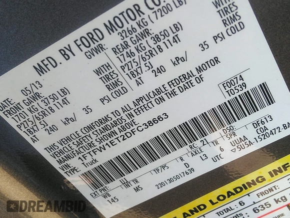 2013 Ford F-150 XL z VIN 1FTFW1ET2DFC38663, wystawiony jako IAAI lot #42611458 z przebiegiem Nie podano mil oraz . Historia ofert i sprzedaży dostępna na DreamBid. Obrazek 9.