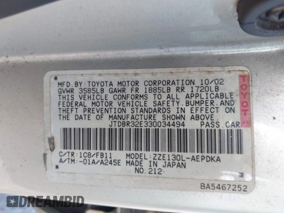2003 Toyota Corolla CE with VIN JTDBR32E330034494, listed as a IAAI auction lot 42145937 with 249,613 mi miles and . Bid and sale history available at DreamBid. Image 9.