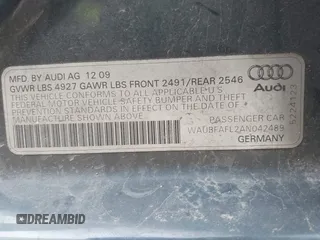 2010 Audi A4 2.0T Premium with VIN WAUBFAFL2AN042489, listed as a IAAI auction lot 41790066 with 162,287 mi miles. Bid and sale history available at carsss.com. Image 9.