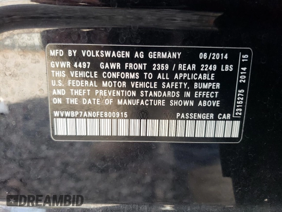 2015 Volkswagen CC R-Line с VIN WVWBP7AN0FE800915, выставлен на аукционе Copart как лот 79766214 с пробегом 76 796 миль миль и Списание • Salvage title. История ставок и продаж доступна на DreamBid. Изображение 14.