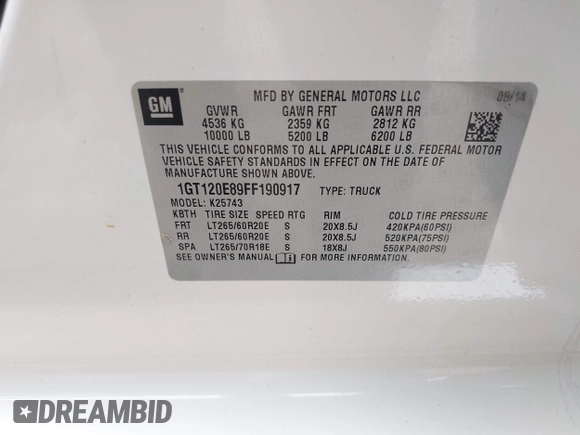 2015 GMC Sierra 2500HD Denali z VIN 1GT120E89FF190917, wystawiony jako IAAI lot #42271537 z przebiegiem 149 307 mil mil oraz . Historia ofert i sprzedaży dostępna na DreamBid. Obrazek 9.
