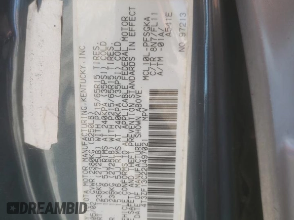 2002 Toyota Sienna LE with VIN 4T3ZF13C22U497021, listed as a Copart auction lot 52571055 with 232,973 mi miles and Salvage Title. Bid and sale history available at DreamBid. Image 13.