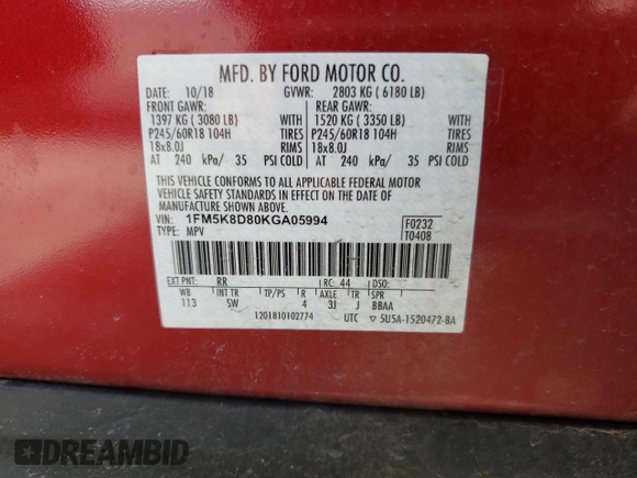2019 Ford Explorer XLT с VIN 1FM5K8D80KGA05994, выставлен на аукционе Copart как лот 51868775 с пробегом 92 951 миль миль и Списание • Salvage title. История ставок и продаж доступна на DreamBid. Изображение 13.