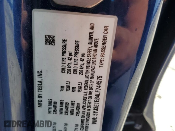 2020 Tesla Model 3 Long Range with VIN 5YJ3E1EB4LF744575, listed as a Copart auction lot 50202375 with 61,357 mi miles and Salvage Title. Bid and sale history available at carsss.com. Image 12.