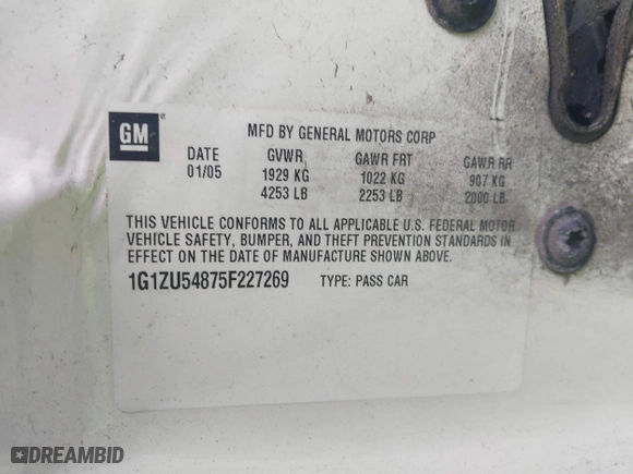 2005 Chevrolet Malibu LT with VIN 1G1ZU54875F227269, listed as a IAAI auction lot 42000916 with 98,704 mi miles. Bid and sale history available at carsss.com. Image 9.