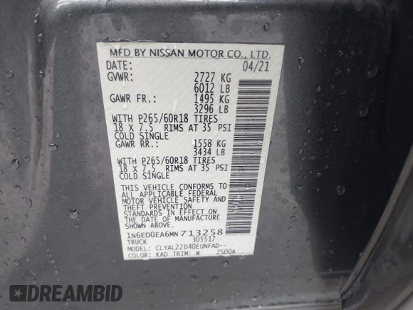 2021 Nissan Frontier SV z VIN 1N6ED0EA6MN713258, wystawiony jako IAAI lot #40820539 z przebiegiem 86 364 mil mil oraz . Historia ofert i sprzedaży dostępna na DreamBid. Obrazek 9.