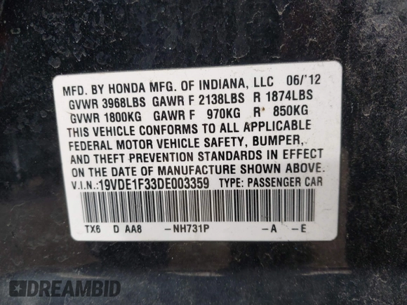 2013 Acura ILX with VIN 19VDE1F33DE003359, listed as a IAAI auction lot 41628219 with 167,171 mi miles. Bid and sale history available at carsss.com. Image 7.