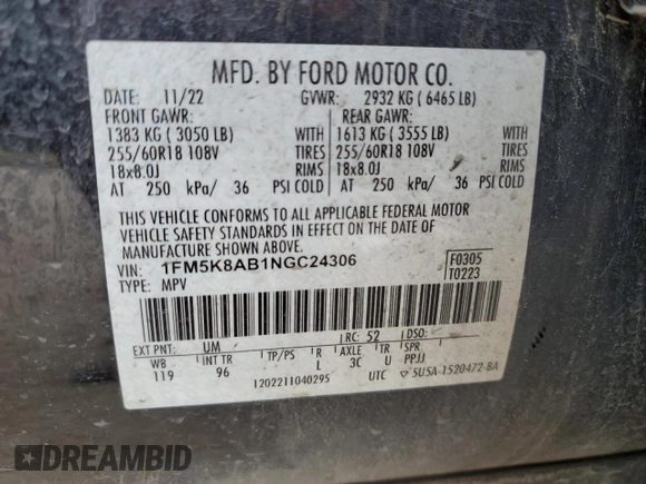 2022 Ford Police Interceptor Utility z VIN 1FM5K8AB1NGC24306, wystawiony jako Copart lot #54846355 z przebiegiem Nie podano mil oraz Szkody całkowita. Historia ofert i sprzedaży dostępna na DreamBid. Obrazek 12.