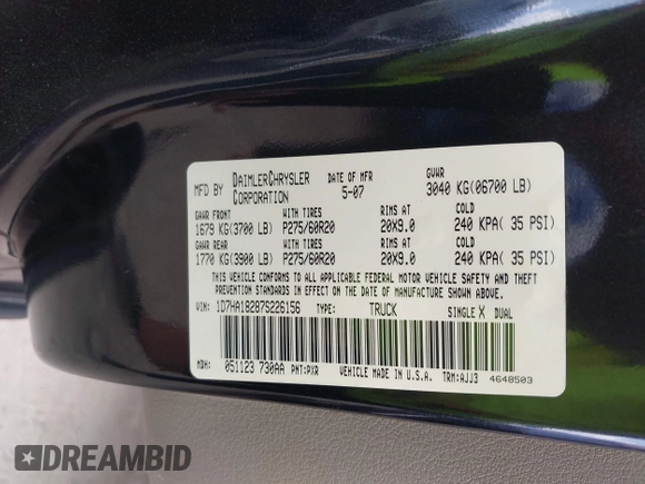 2007 Dodge 1500 SLT with VIN 1D7HA18287S226156, listed as a IAAI auction lot 42129278 with 226,909 mi miles and . Bid and sale history available at DreamBid. Image 9.