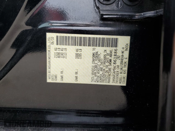 2010 Nissan Maxima SV with VIN 1N4AA5AP9AC861886, listed as a Copart auction lot 60562775 with 136,658 mi miles and Salvage title. Bid and sale history available at DreamBid. Image 12.