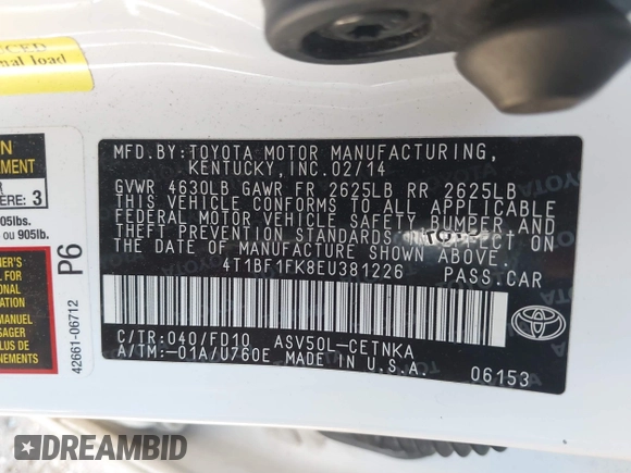 2014 Toyota Camry L with VIN 4T1BF1FK8EU381226, listed as a IAAI auction lot 41876832 with 79,025 mi miles and . Bid and sale history available at DreamBid. Image 9.