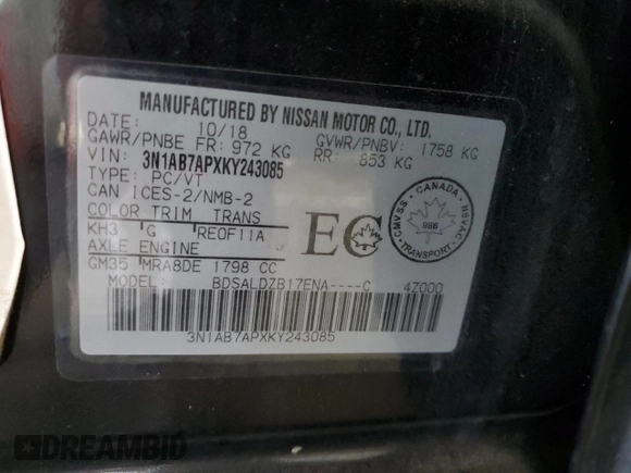 2019 Nissan Sentra SV with VIN 3N1AB7APXKY243085, listed as a Copart auction lot 46116655 with 75,586 mi miles and Salvage Title. Bid and sale history available at DreamBid. Image 12.