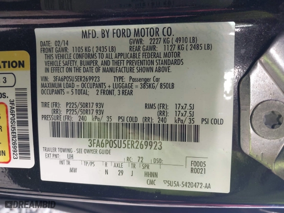 2014 Ford Fusion Energi Titanium with VIN 3FA6P0SU5ER269923, listed as a IAAI auction lot 41086950 with 135,351 mi miles. Bid and sale history available at carsss.com. Image 9.