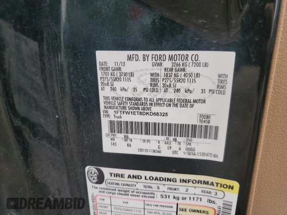 2013 Ford F-150 XL with VIN 1FTFW1ET8DKD68325, listed as a Copart auction lot 63988005 with 196,544 mi miles and Clean title. Bid and sale history available at DreamBid. Image 12.
