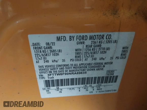 2022 Ford Maverick XL with VIN 3FTTW8F90NRA89835, listed as a IAAI auction lot 41453857 with 38,568 mi miles and . Bid and sale history available at DreamBid. Image 9.
