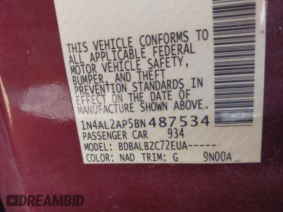 2011 Nissan Altima S with VIN 1N4AL2AP5BN487534, listed as a IAAI auction lot 42518000 with 160,340 mi miles and . Bid and sale history available at DreamBid. Image 9.