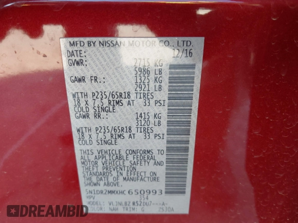 2017 Nissan Pathfinder SV with VIN 5N1DR2MMXHC650993, listed as a IAAI auction lot 41460677 with 176,033 mi miles. Bid and sale history available at carsss.com. Image 9.