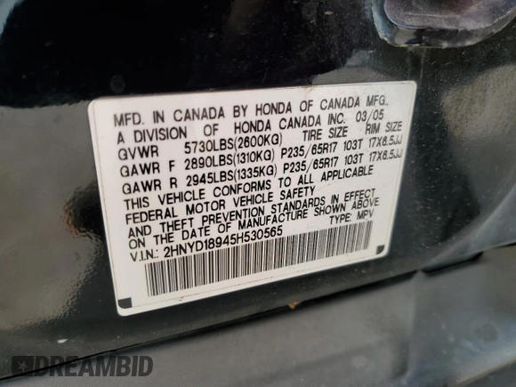 2005 Acura MDX Touring z VIN 2HNYD18945H530565, wystawiony jako Copart lot #59132315 z przebiegiem 215 523 mil mil oraz Szkoda całkowita • Salvage title. Historia ofert i sprzedaży dostępna na DreamBid. Obrazek 13.