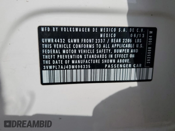 2013 Volkswagen Jetta TDI w/Sunroof with VIN 3VWPL7AJ4DM696335, listed as a Copart auction lot 45390465 with 74,480 mi miles and Salvage title. Bid and sale history available at DreamBid. Image 12.