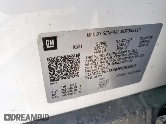 2021 Chevrolet Tahoe LT with VIN 1GNSCNKDXMR263862, listed as a Copart auction lot 58743585 with 131,743 mi miles and Clean title. Bid and sale history available at DreamBid. Image 13.